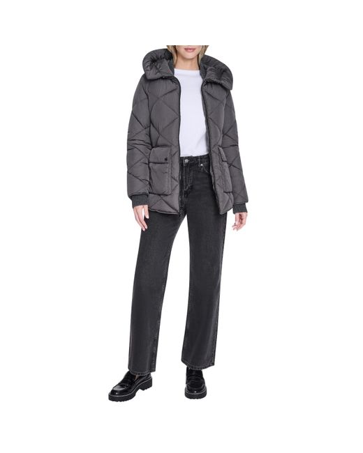 Kenneth Cole Black Diamond Quilted Crinkle Nylon Puffer With Attached Hood