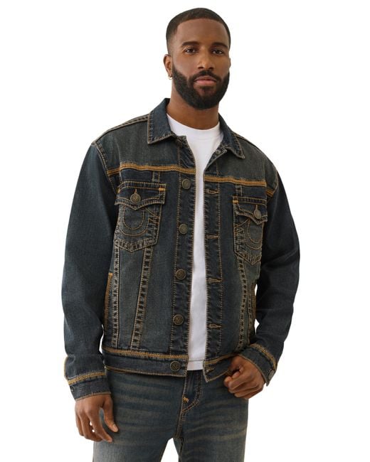 TRUE RELIGION Men's Black Super T Flatlock Trucker Jacket