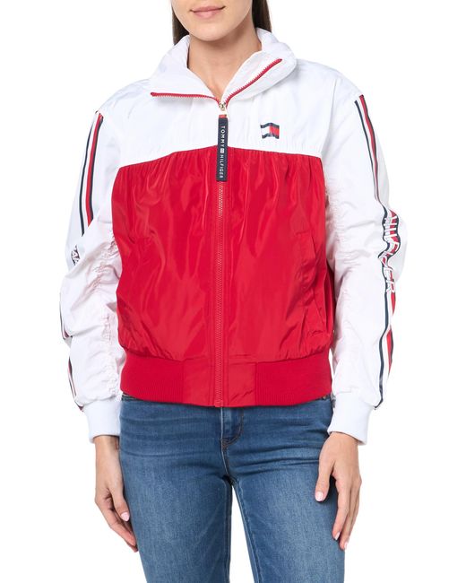 Tommy Hilfiger Red Windbreaker-Jacke mit Reißverschluss und Farbblock Steppjacke