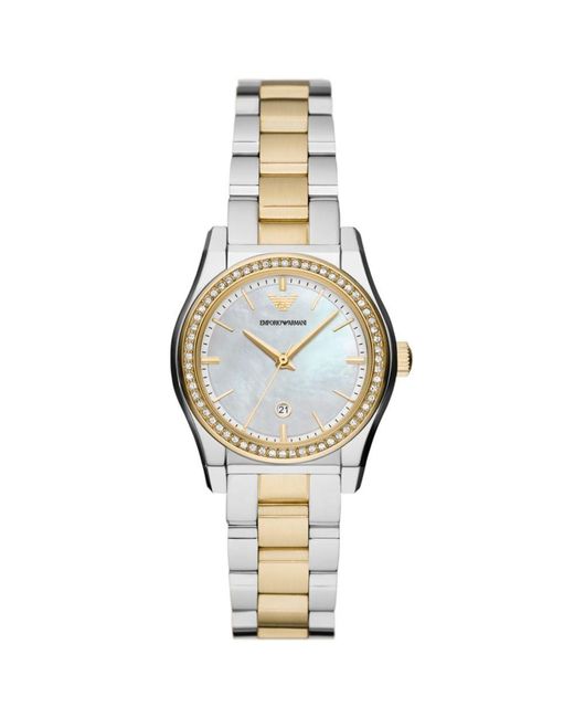 Emporio Armani Metallic Three-hand Date Silver And Gold Two-tone Stainless Steel Bracelet Watch