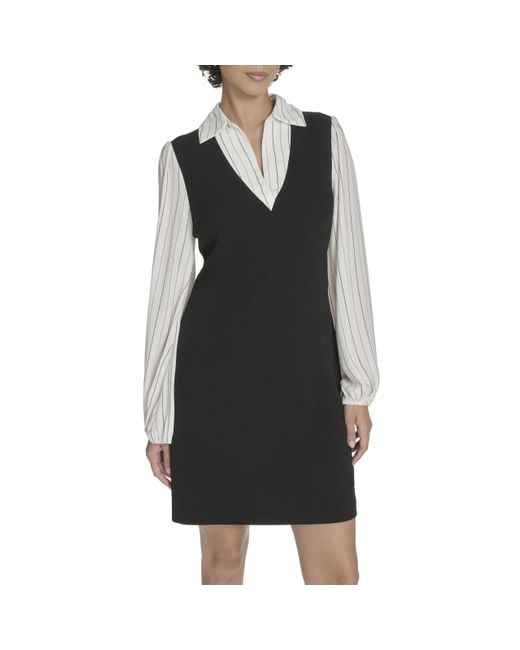 Tommy Hilfiger Black Long Sleeves Collared Scuba Crepe Body Shift Dress