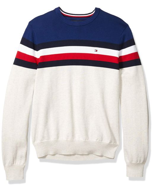 Tommy Hilfiger Stripe Crewneck Sweater In White For Men Lyst