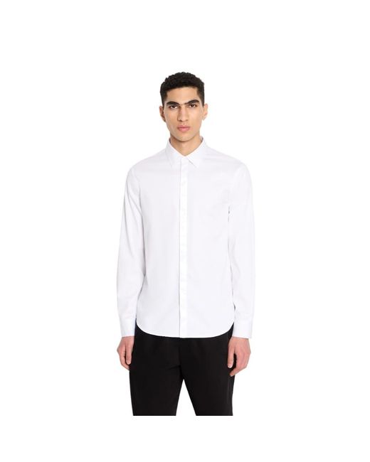 Emporio Armani White A | X Armani Exchange Regular Fit Stretch Cotton Satin Logo Placket Button Down Woven Shirt for men