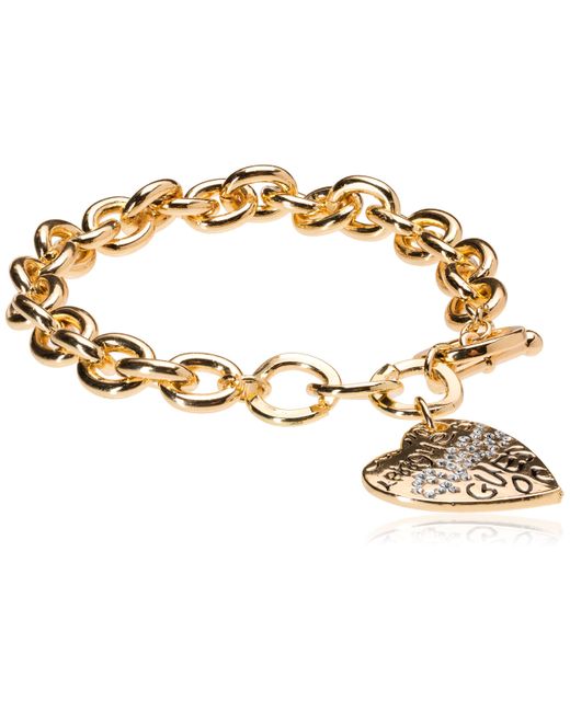 Guess "basic" Gold Graffiti Logo Heart Toggle Charm Bracelet in
