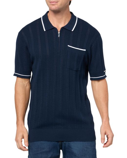 Karl Lagerfeld Men's Blue Paris 1/4 Zip Ribbed Fitted Collared Sweater