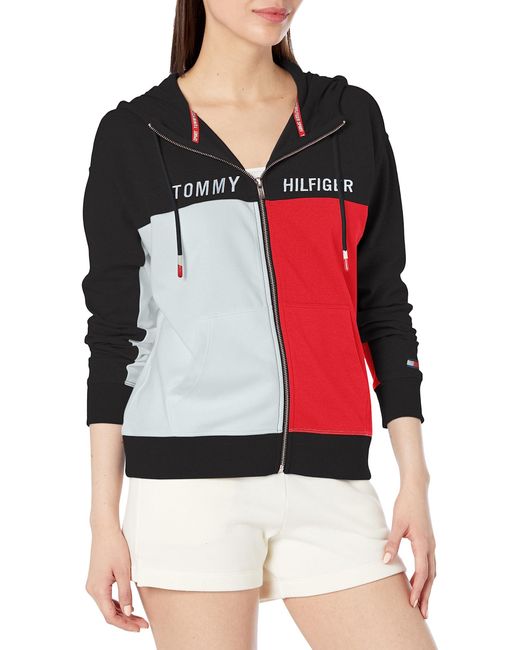 Tommy Hilfiger Red Soft & Comfortable Fleece Colorblocked Full Zip Hoodie