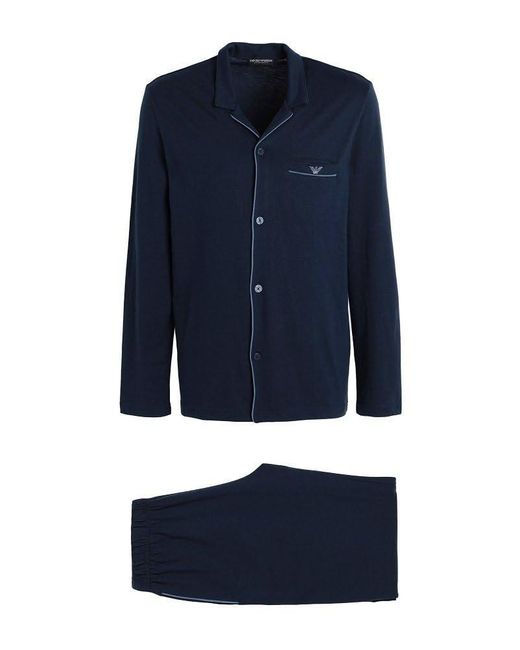 Emporio Armani Blue Interlock Button Down Long Sleeve Pajama Set for men