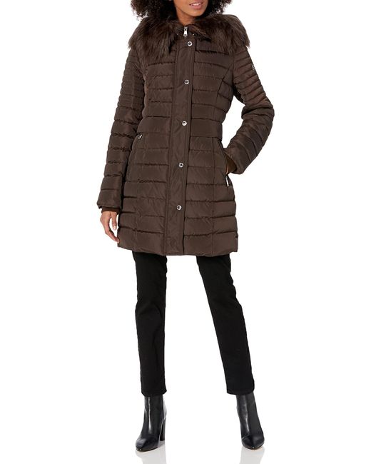 Kenneth Cole Brown New York Womens Waist Detail Faux Fur Trim Puffer Down Alternative Coat