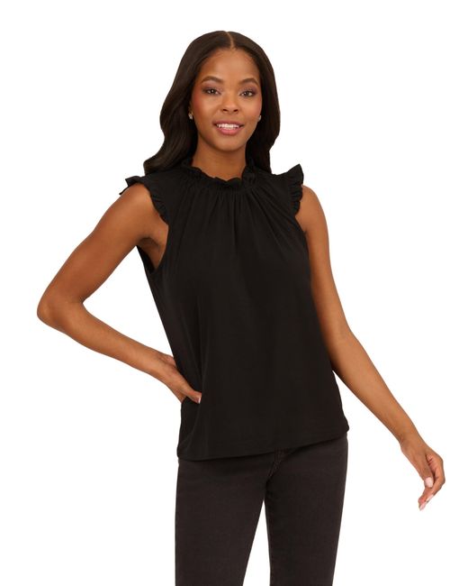 Adrianna Papell Black Solid Ruffle Neck Tank