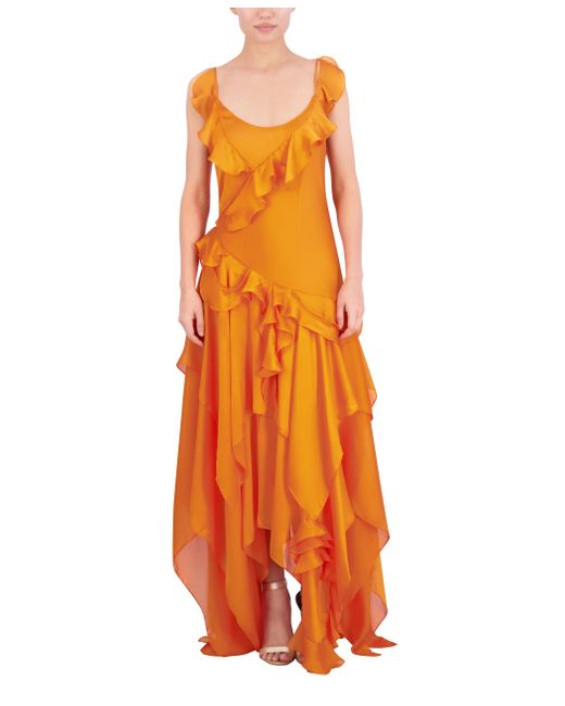 BCBGMAXAZRIA Orange Scoop Neck Sleeveless Ruffle Maxi Cocktail Dress