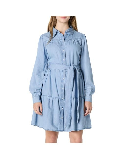 Amazon Essentials Blue Fit and Flare Langärmliges Gestreiftes Jeanshemdkleid Chambray
