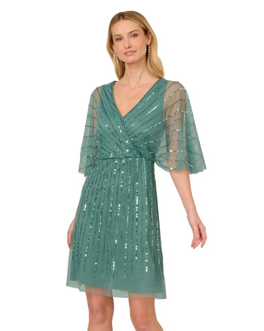 Adrianna Papell Women's Green Studio Beaded Short Dress - eharrisgallery.com