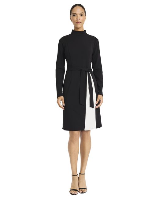 Maggy London Black Sophisticated Mock Neck Long Sleeve A-line-stretch Fabric Panel Detail-special Occasion Cocktail Dress