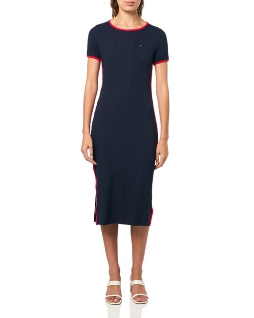 Tommy Hilfiger Blue Short Sleeve Ribbed Midi Dress