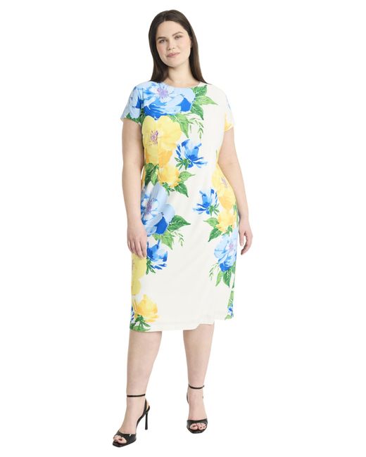 Maggy London Blue Plus Size Classic Form-fitting Cap Sleeve Crew Neck Matte Jersey Midi Sheath-special Occasion Wedding Guest Dress