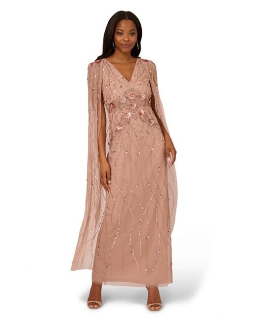 Adrianna Papell Metallic Beaded Cape Long Dress