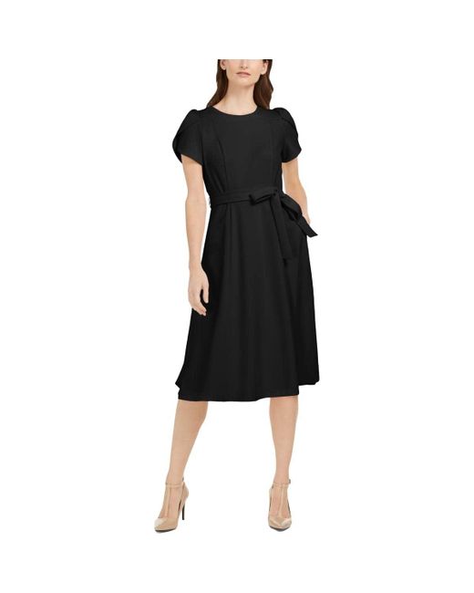 Calvin Klein Black Tulip Sleeved A-line Dress With Self Belt
