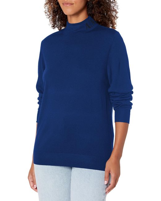 Emporio Armani Blue A | X Armani Exchange Merino Wool Blend Logo Neck Turtleneck Sweater