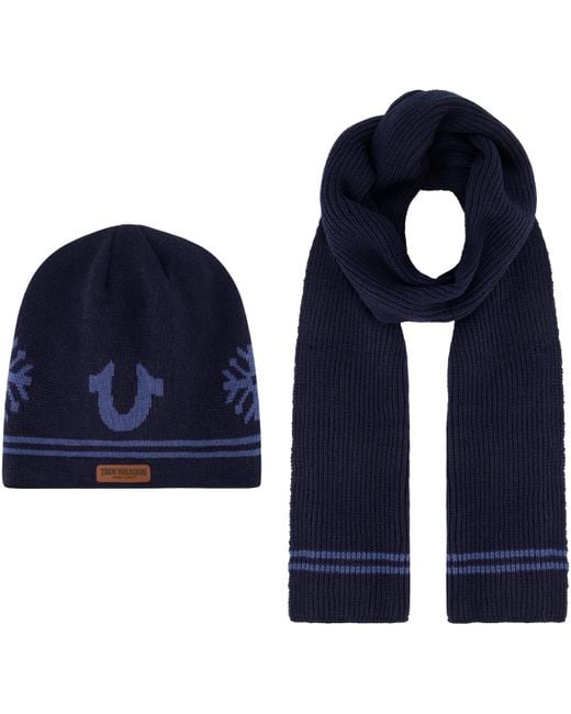 True Religion Blue Beanie Hat And Scarf Set