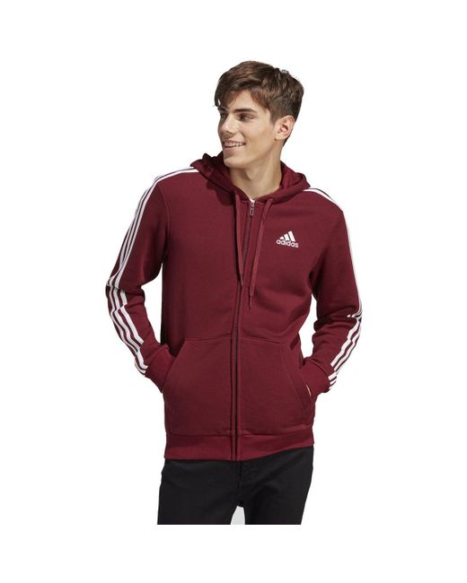 Adidas Red Essentials 3-stripes Fleece Full Zip Hoodie for men