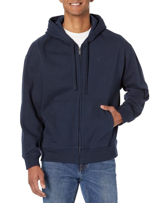 Calvin Klein Relaxed Fit Archive Logo Fleece Full Zip Hoodie In Dark Sapphire Blue For Men Lyst