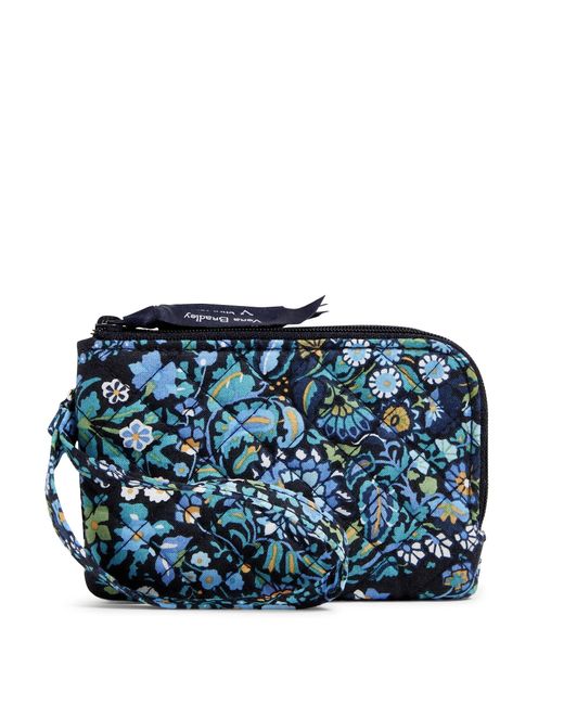 Vera Bradley Blue Cotton Double Zip Id Case Wallet With Rfid Protection