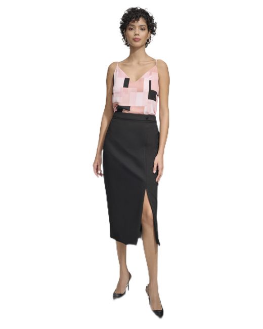 Calvin Klein Black High Waisted Side Button Slit Midi Skirt