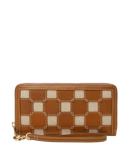 Fossil Logan Leather & Fabric Wallet Rfid Blocking Zip Around Clutch With Wristlet  Strap in Brown