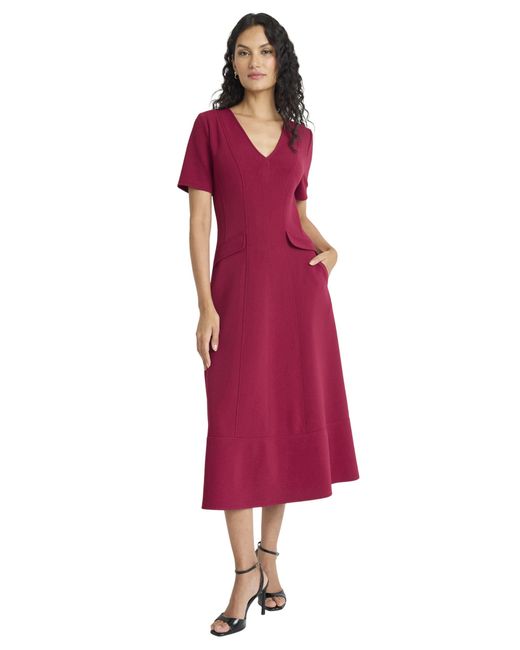 Maggy London Red V-neck Short Sleeve Midi Line Silhouette-cocktail Dresses For
