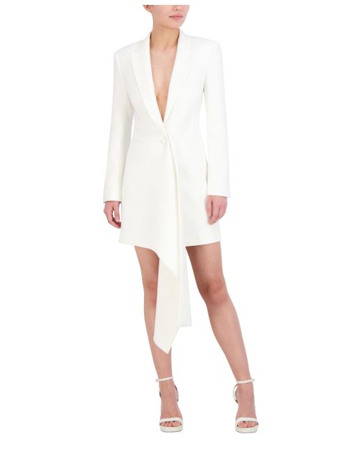 BCBGMAXAZRIA White Long Sleeve Asymmetrical V Neck Blazer Mini Dress