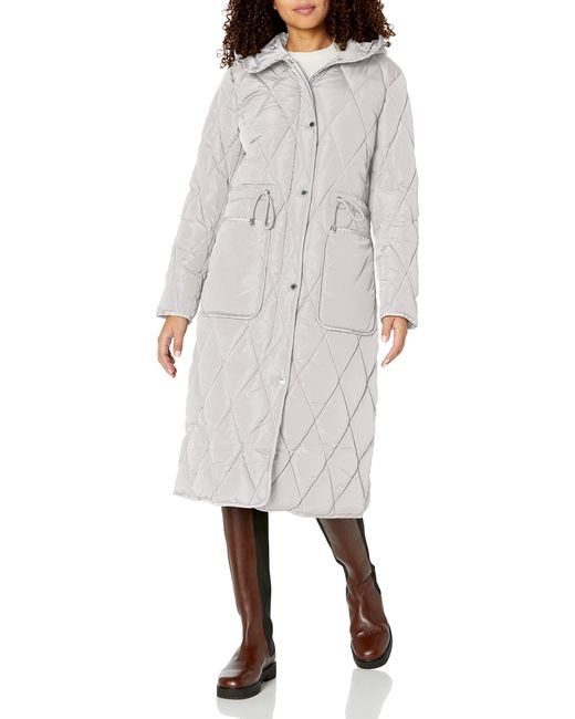 Kenneth Cole Gray Diamond Quilting Exposed Drawcord Long Puffer
