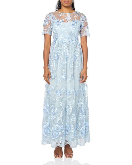 Adrianna Papell Blue Embroidered Long Gown