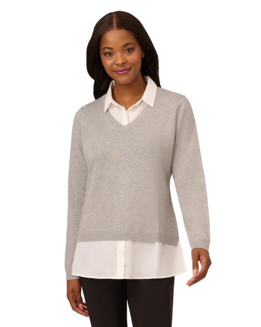 Adrianna Papell Gray Solid V-neck Twofer Sweater