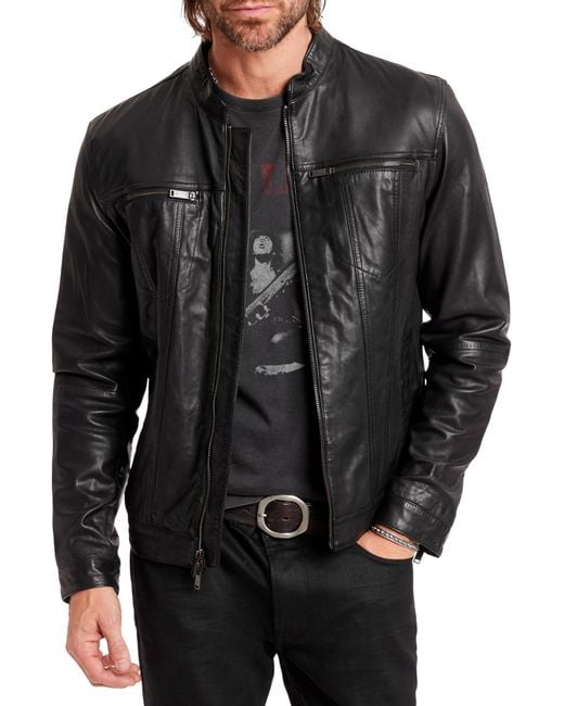 John Varvatos Black Star Usa Band Collar Leather Jacket for men