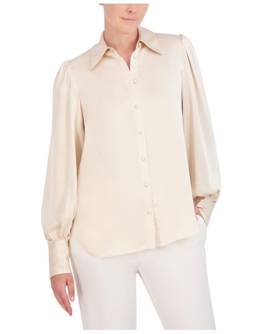 BCBGMAXAZRIA White Long Ballon Sleeve Collar Neck Satin Shirt