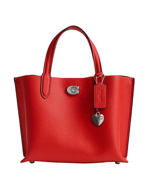 COACH Red Polished Pebble Leather Willow Tote 24 With Heart Charm