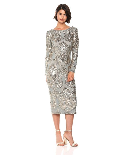 Dress the Population Emery Long Sleeve Stretch Sequin Midi Sheath in