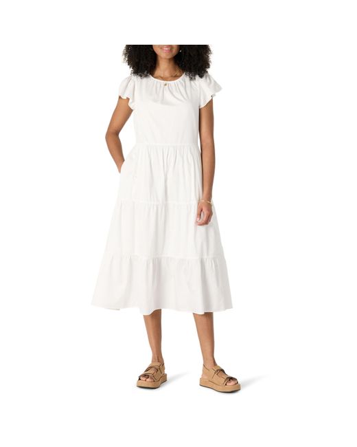 Abito Midi Girocollo in Raso di Cotone a Balze vestibilità Comoda Donna di Amazon Essentials in White