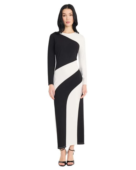 Donna Morgan Black Long Sleeve Bodycon Dress-ankle Length Maxi With Curved Seam Wave Panel Detail-s Formal Scuba Crepe