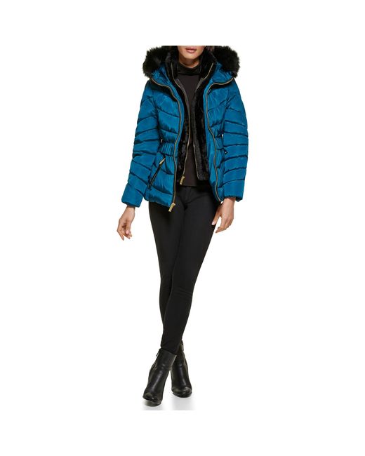 Guess Blue Fur Lined Hood Cold Weather Puffer Coat