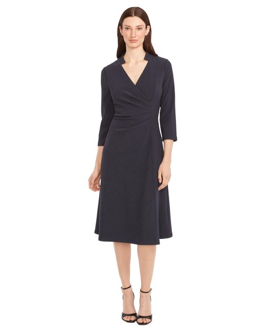 Maggy London Blue V-neck 3/4 Sleeve Wrap Midi Professional Work Dresses