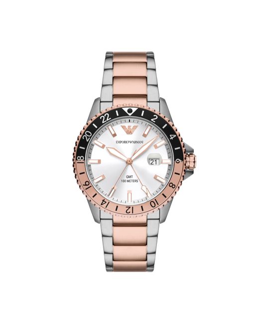 Emporio Armani Metallic Gmt Dual Time Rose Gold And Silver Two-tone Stainless Steel Bracelet Watch for men