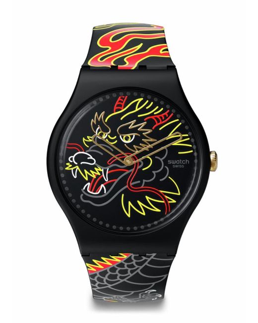 Swatch Casual Black Bio-sourced Quartz Watch Dragon In Wind Pay!