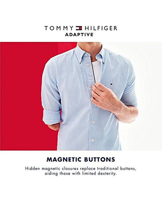 TOMMY HILFIGER Shirt Men/'s Short Sleeve Chambray Red// Blue Stripe Custom Fit