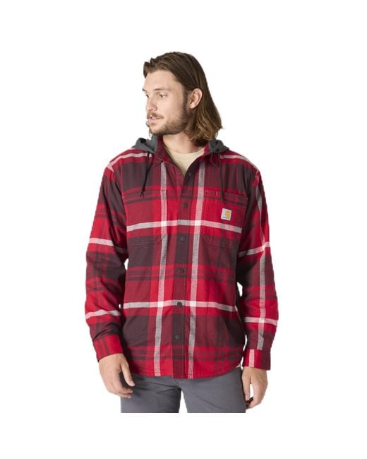 Carhartt Red Rugged Flex Relaxed Fit Flannel Fleece Lined Hooded Shirt Jac for men