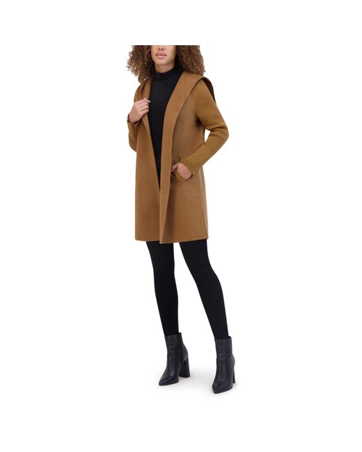Kenneth Cole Natural Hooded Double Face Wool With Hidden Snap Closure And Rib Knit Sleeve Coat