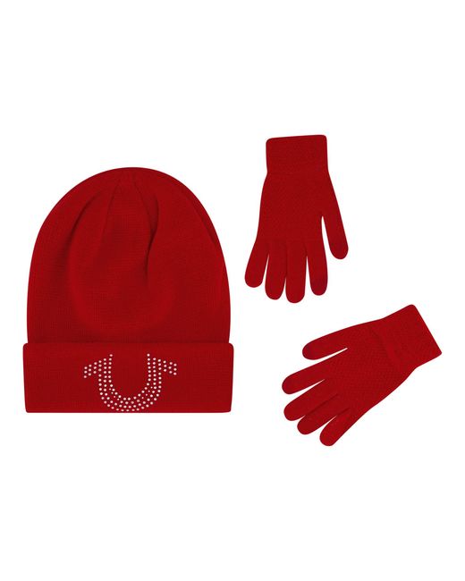 True Religion Red Beanie Hat And Touchscreen Glove Set