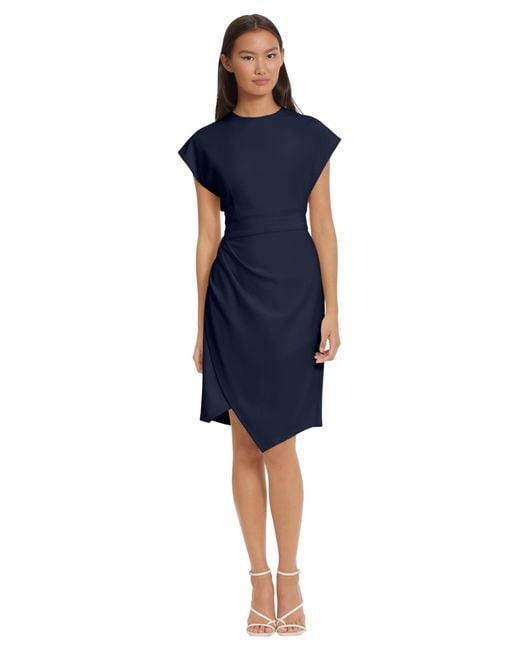 Donna Morgan Blue Sleek Faux Wrap Dress With Asymmetric Skirt Office Workwear Event Guest Of