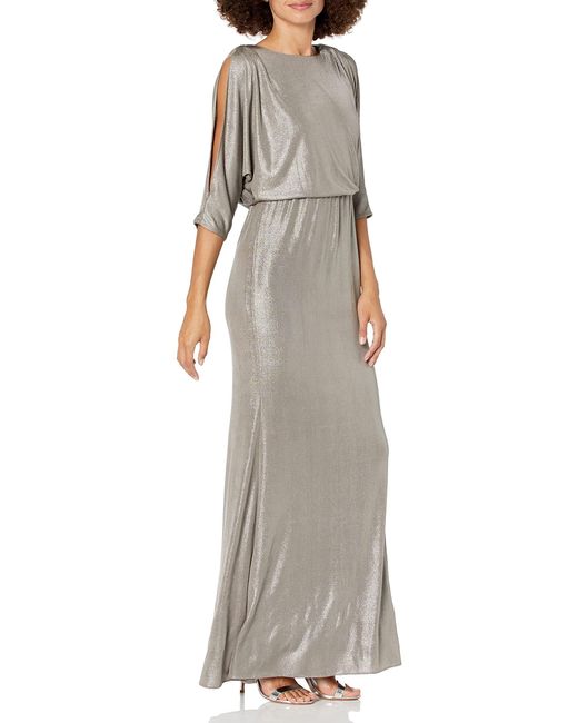 Adrianna Papell Long Sleeve Blouson Foiled Jersey Dress in Metallic | Lyst