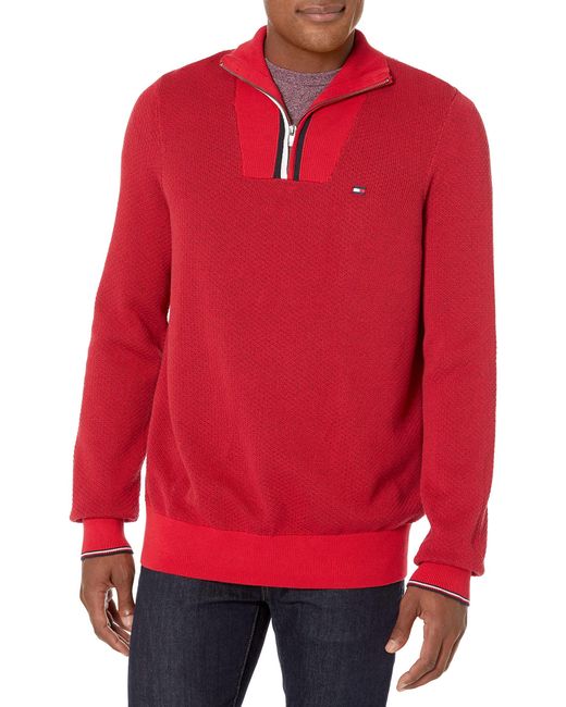 Tommy Hilfiger Red Tall Long Sleeve Cotton Stripe Quarter Zip Pullover Sweater for men